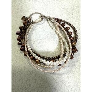 Multi Strand Freshwater Pearl Bracelet Sterling Toggle Brown Ivory